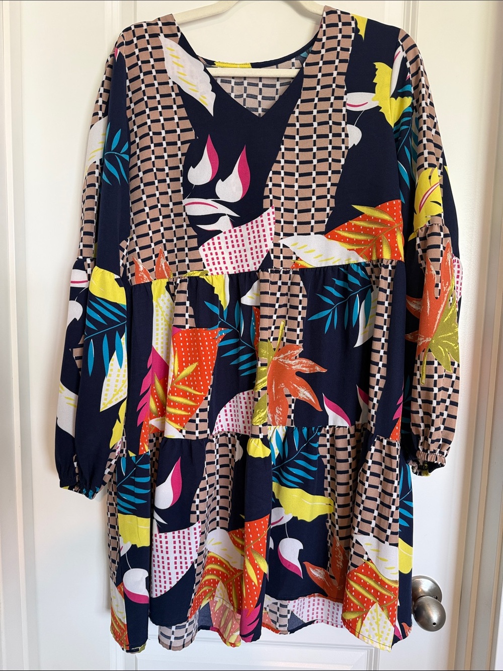 Colorful Floral Tiered V-Neck Tunic Dress